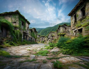 Pueblo abandonado, en la montaña cubierto de maleza por el paso del tiempo. Despoblación