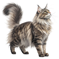  Maine Coon with a fluffy tail and large physique, standing full body on a white background, majestic and powerful cat breed