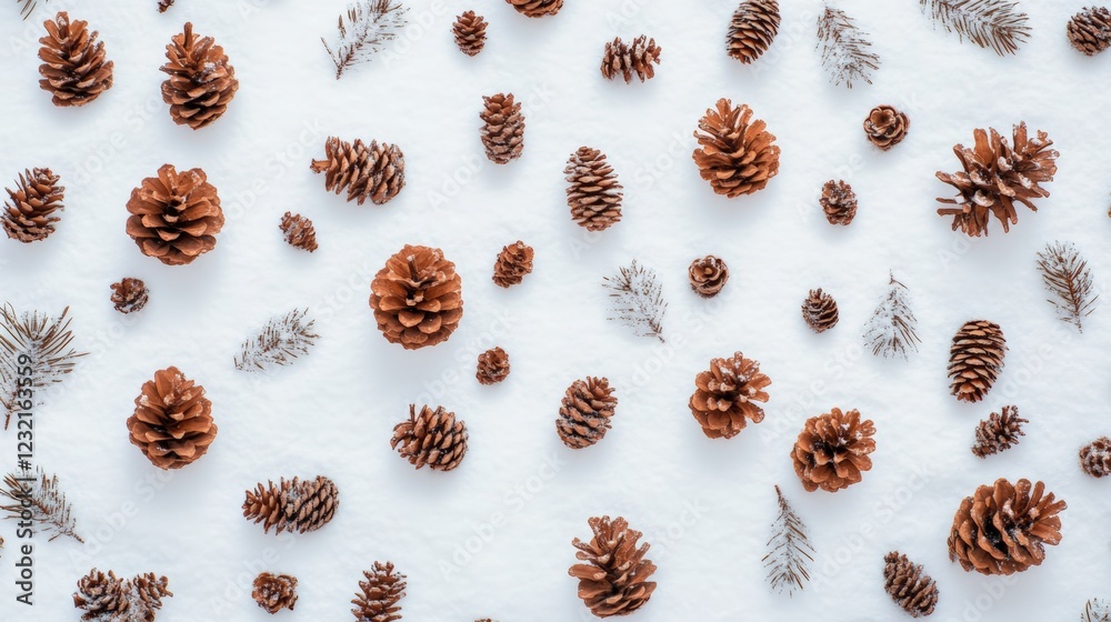 Aufkleber festive winter background featuring pine cones and fir branches arranged on a snowy surface, creatin