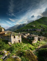 Pueblo abandonado, en la monta&ntilde;a cubierto de maleza por el paso del tiempo. Despoblaci&oacute;n