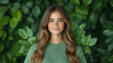Woman smiling, green leaves background, natural beauty, skincare ad