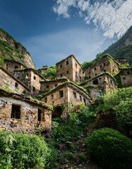 Pueblo abandonado, en la montaña cubierto de maleza por el paso del tiempo. Despoblación