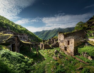 Fototapeta premium Pueblo abandonado, en la montaña cubierto de maleza por el paso del tiempo. Despoblación