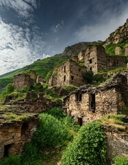 Fototapeta premium Pueblo abandonado, en la montaña cubierto de maleza por el paso del tiempo. Despoblación