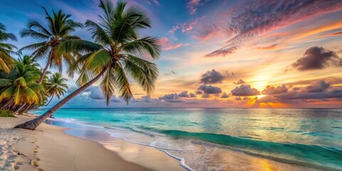 Serene turquoise waters meet powdery white sandy beach under palm trees swaying gently in island breeze, sunset sky, beach landscape