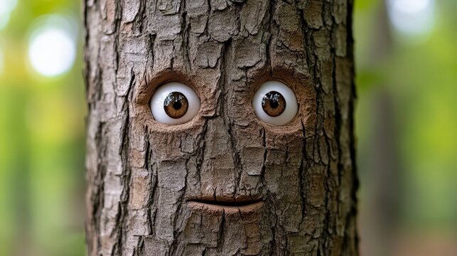 Enchanting Tree Face: A whimsical carved tree trunk portrait, a captivating fusion of nature and artistry, in a verdant woodland setting.