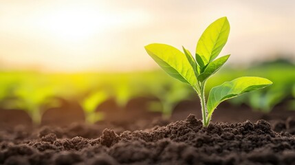 A small green plant is growing in the dirt