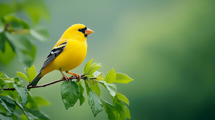 Yellow bird perched on branch, green leaves background, spring nature scene, ideal for nature websites