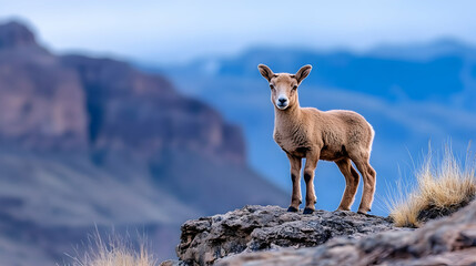 Fototapeta premium Young bighorn sheep stands on mountain rock, overlooking scenic canyon. Wildlife conservation poster