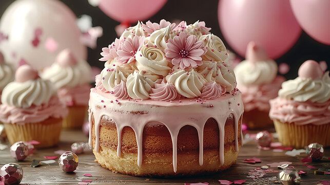 Delightful birthday cake decorated with pink frosting roses sugar sprinkles, surrounded by cupcakes pink balloons. Perfect for celebrations, blogs, party invitations. - Powered by Adobe