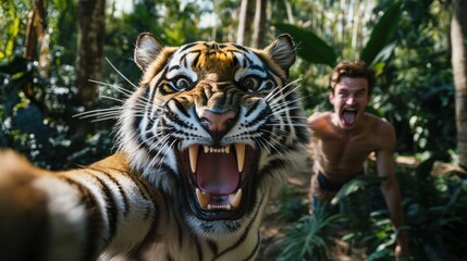 Fototapeta premium Sumatran tiger and zookeeper taking a funny selfie in the jungle