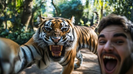 Fototapeta premium Young man taking extreme selfie with roaring tiger