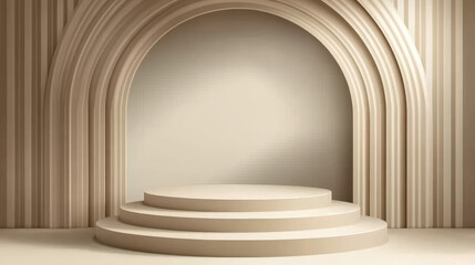 Cylinder three steps stair product podium in beige pastel studio room interior with wood striped arch decorative elements and shadow on wall. Realistic 3d vector showcase stage for goods promotion.