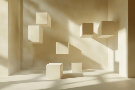 minimalist 3d geometric composition featuring pristine white cubes floating in space, casting soft shadows with subtle ambient lighting and depth