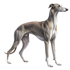 Graceful Greyhound with slender physique, standing full body on a white background, elegant and fast dog breed