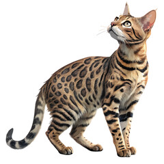 Exotic Bengal cat with vibrant spotted fur pattern, standing full body on a white background, elegant and graceful domestic pet