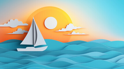 Naklejka premium Sailing boat on a calm summer sea with Paper cut out effect
