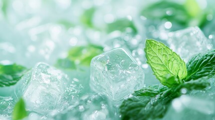 Ice cubes and fresh mint leaves creating a refreshing and artistic pattern. Ideal for summer drinks.