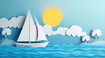 Sailing boat on a calm summer sea with Paper cut out effect