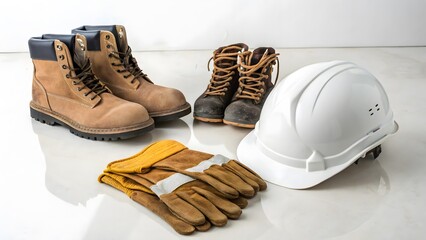 Safety Gear Arrangement with Hard Hat, Gloves, and Work Boots