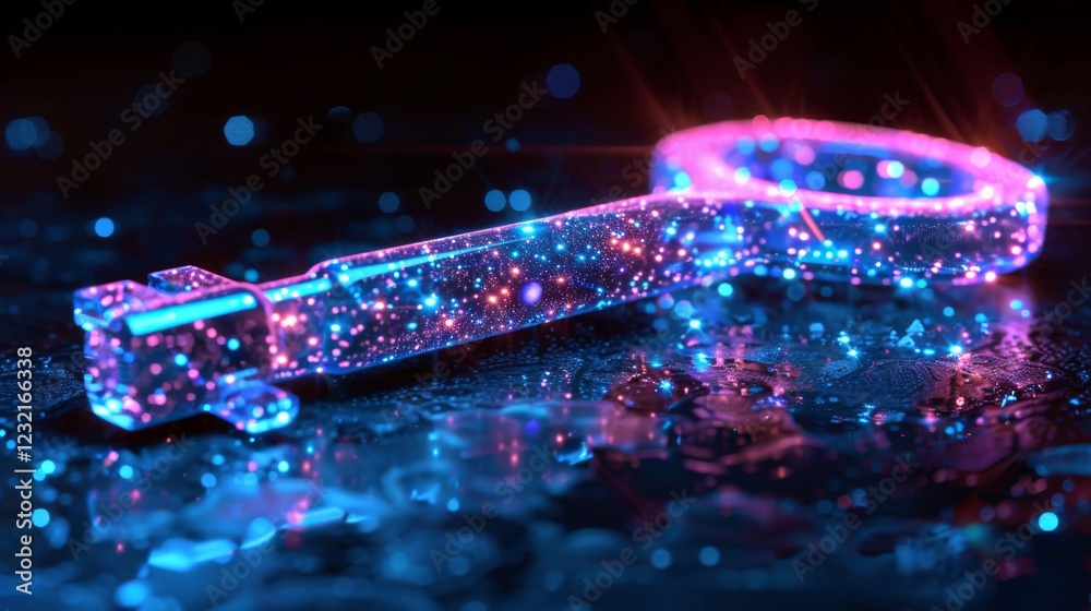 Fototapete A key adorned with colorful sparkles lies on a wet surface, illuminated by vibrant lights, creating a mystical and enchanting atmosphere in the dark surroundings.