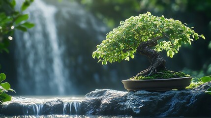 Serene Bonsai Tree Near Cascading Waterfall