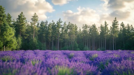 A vibrant field of lavender in front of a forest under a cloudy sky.