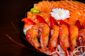 Chinese traditional cuisine, the Lunar New Year's Eve dinner, mainly consists of pork, fish and shrimp, crabs, and stir fried dishes. Top view close-up.