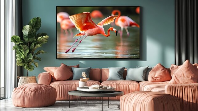 Beautiful flamingo near back water. wall mounting of flamingo bird. background picture of bird. Beautiful wings of flying flamingo. Wall poster of flamingo bird. Migratory bird in Bhigwan, India.