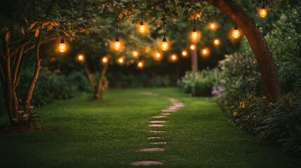 Obraz premium Night garden path, string lights, romantic ambiance, event backdrop