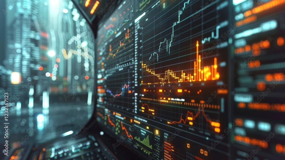 Poster bright data graphs and analytics illuminate a laptop screen, highlighting financial trends in a vibr