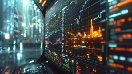 Bright data graphs and analytics illuminate a laptop screen, highlighting financial trends in a vibrant, high tech cityscape under neon lights.