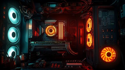 Obraz premium Illuminated Computer Interior Showing Components and Cooling Fans