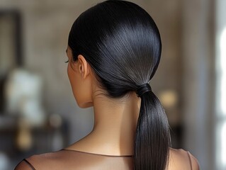 Close up of a person with black hair in a ponytail and a brown sheer top