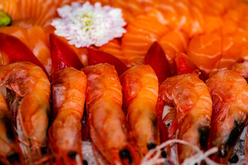 Chinese traditional cuisine, the Lunar New Year's Eve dinner, mainly consists of pork, fish and shrimp, crabs, and stir fried dishes. Top view close-up.