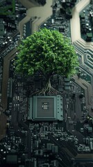 Lush green tree growing on computer motherboard symbolizing green technology