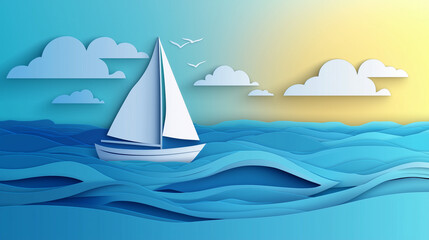 Sailing boat on a calm summer sea with Paper cut out effect