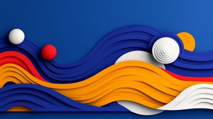 Vibrant Waves of Form: A captivating display of layered paper art unfolds, where cascading waves of color flow across the scene, creating dynamic composition. A harmonious blend of blue, orange.