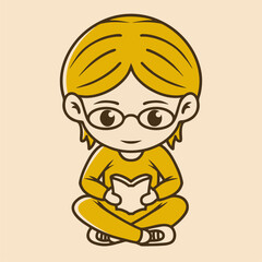 Bookworm chibi character reading a book, sitting cross legged in yellow retro colors