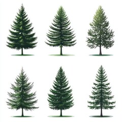 Obraz premium Six Evergreen Coniferous Trees Isolated on White Background