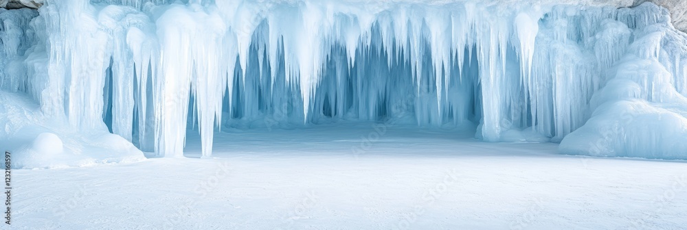 Poster beautiful natural ice cave with icicles hanging from the ceiling, creating a magical and serene wint