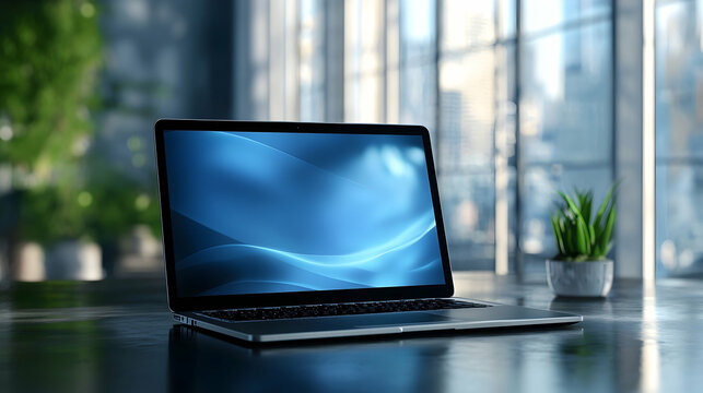 Virtual office meeting on a laptop screen, home background