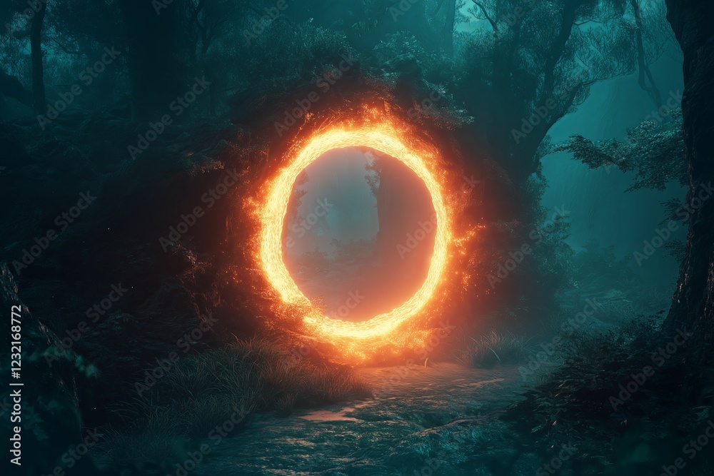 Poster a glowing portal in the middle of a dark forest, with mysterious symbols and a sense of adventure