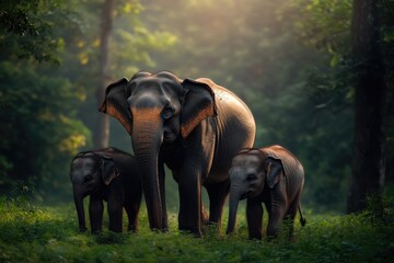 Fototapeta premium Majestic Elephant Family in Lush Forest Habitat