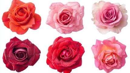 A set of assorted red and pink roses, freshly cut with dewdrops on petals, arranged in a heart shape, isolated on a pure white background, high-resolution
