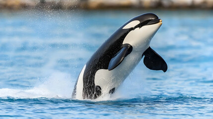 Fototapeta premium Orca leaping, ocean, water splash, marine park background, wildlife stock photo