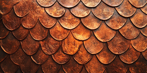 Copper metal texture of dragon scales, with intricate, organic patterns that catch the light. The warm, reddish hue of the copper creates a rustic, mythical feel, ideal for fantasy-themed art.