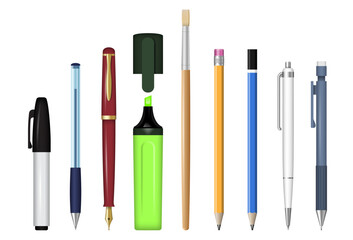 Stationery set for office and school. Pen, pencil, felt-tip pen realistic vector illustration isolated on a white background