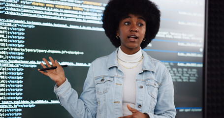 Coding lecture, student and woman teaching, education and learning in ai course. African person, class and study programming in university with data for software development in presentation on screen