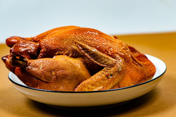 A traditional Chinese dish of roasted chicken, still life close-up